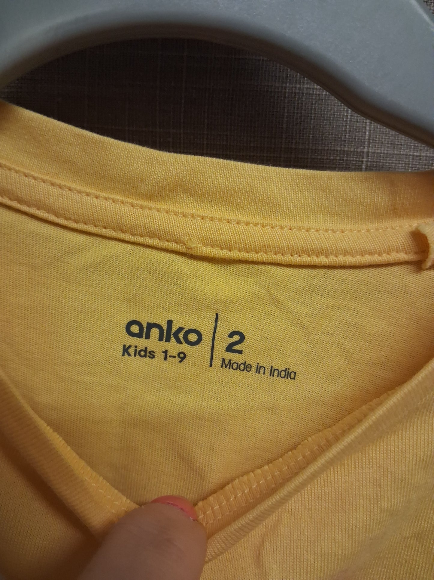 Anko Girls Yellow Cap Sleeve T-Shirt Age 2 Years