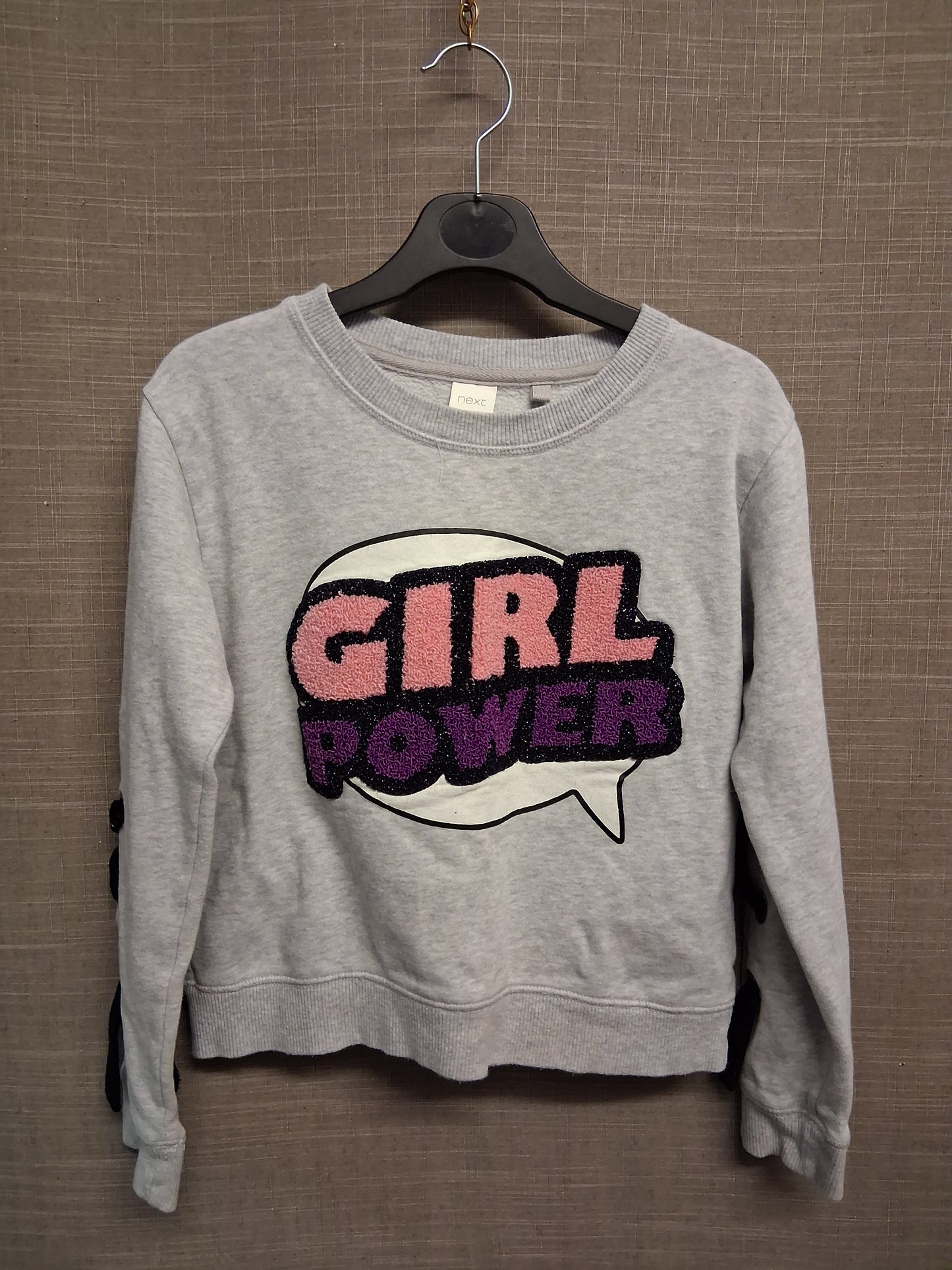 Next Girls Sweater Jumper "Girl Power" Grey Lace Detail on Sleeve Age 9 Years