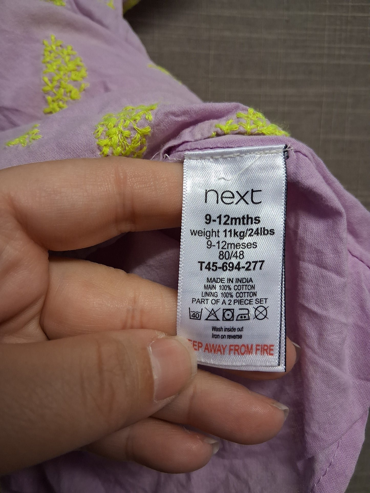 Next Girls Lilac Neon Yellow Floral Dress Age 9-12 Months
