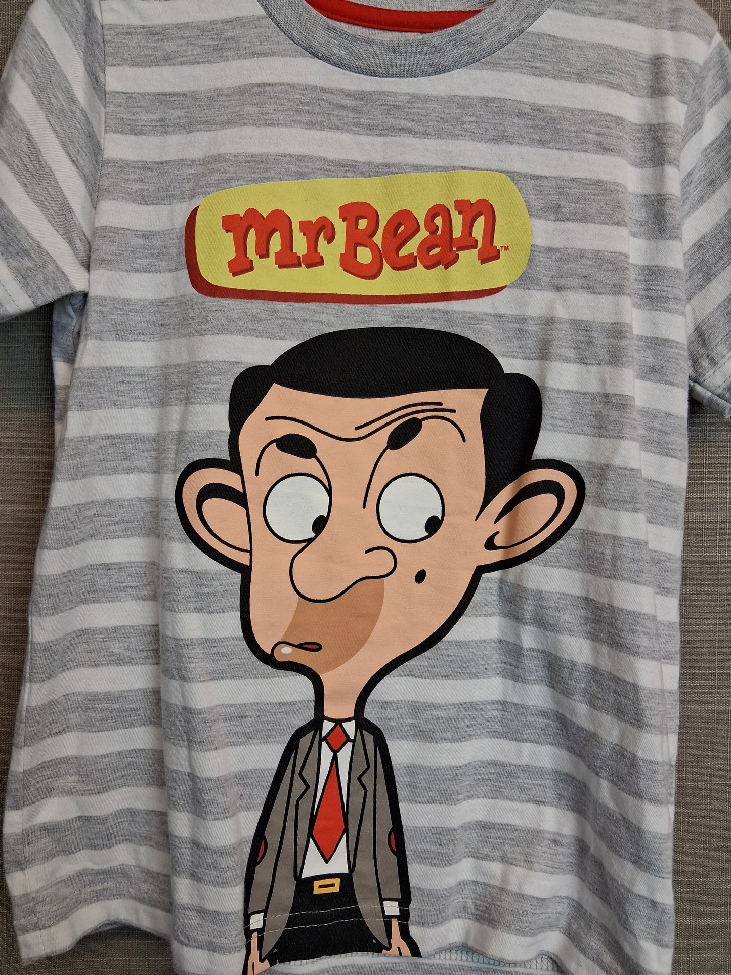 Mr Bean Boys T-Shirt Grey Striped Graphic Print Age 5 Years