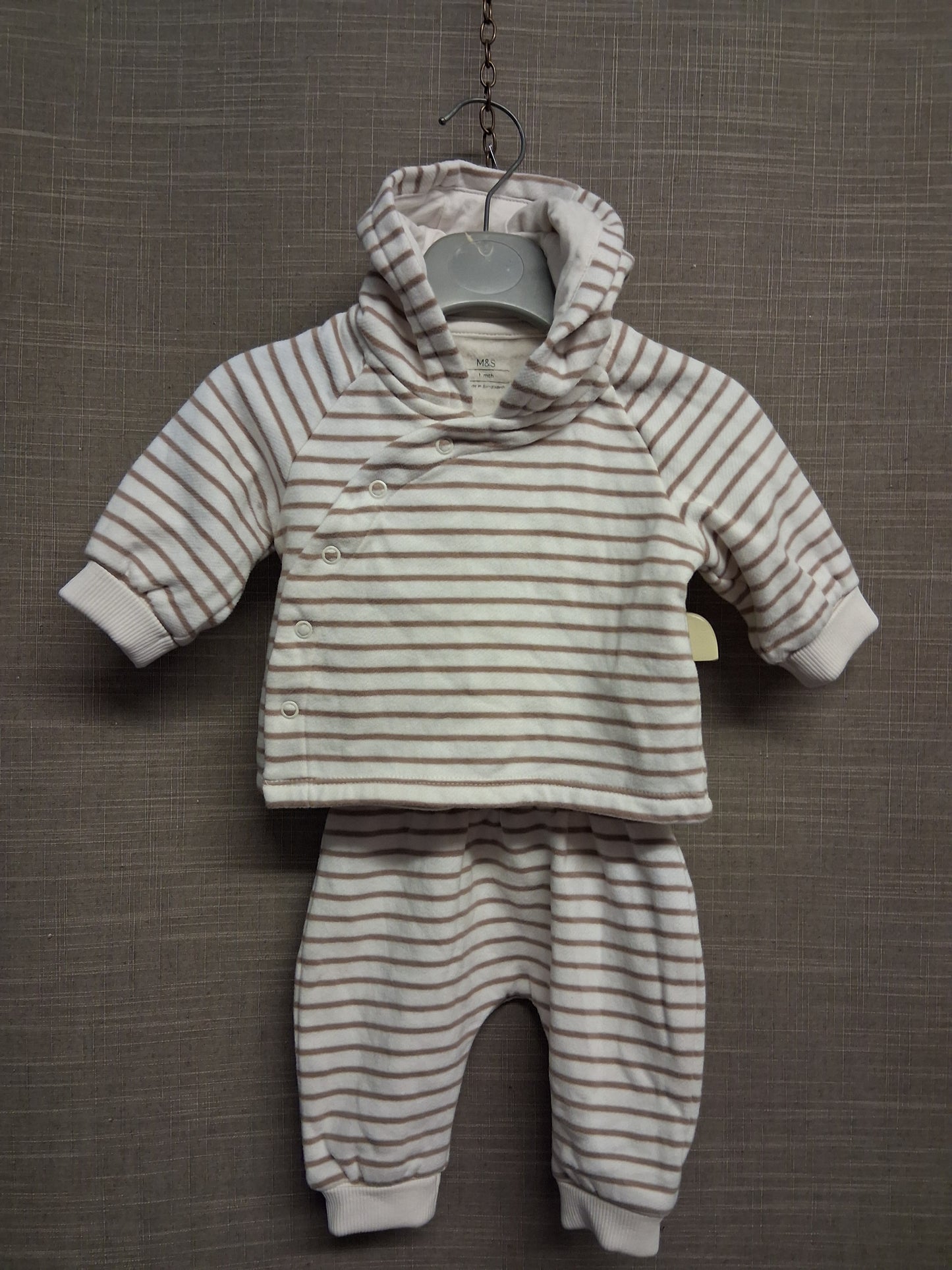 Marks and Spencers Beige Brown striped 2 piece outfit set Hoodie & Joggers Age up to 1 month