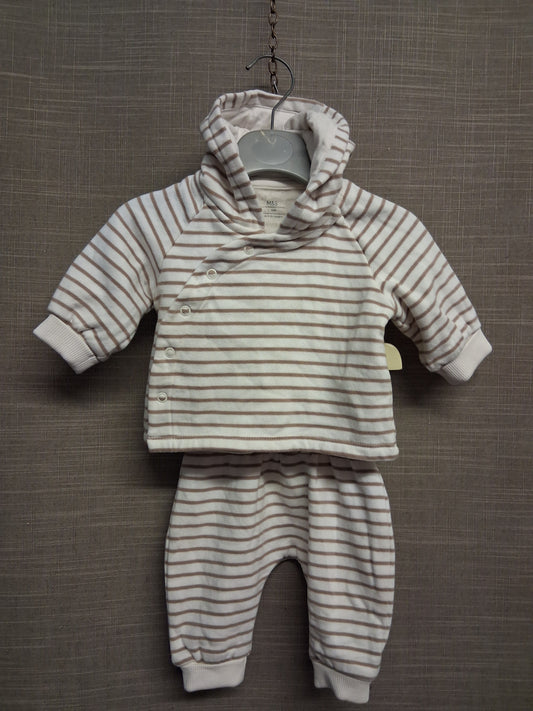Marks and Spencers Beige Brown striped 2 piece outfit set Hoodie & Joggers Age up to 1 month