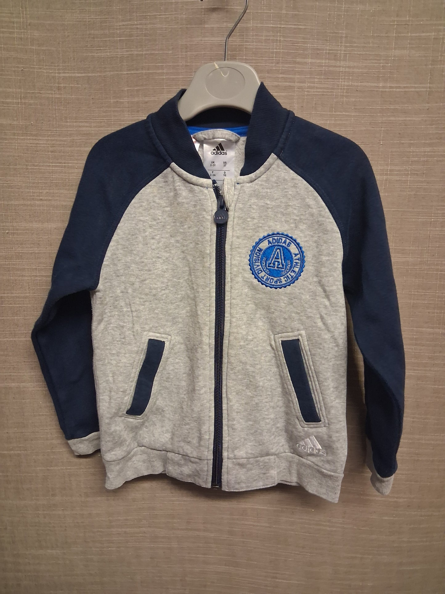 Adidas Boys Full Zip Jacket Grey Navy Age 2-3 Years