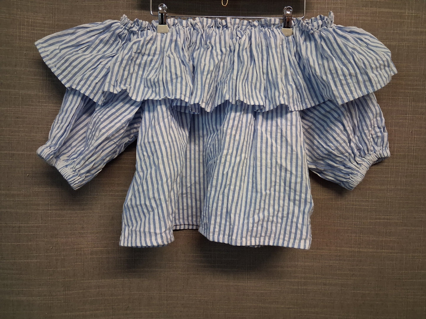 Next Girls Off the Shoulder Top Blue White Striped Ruffle Age 5-6  Years