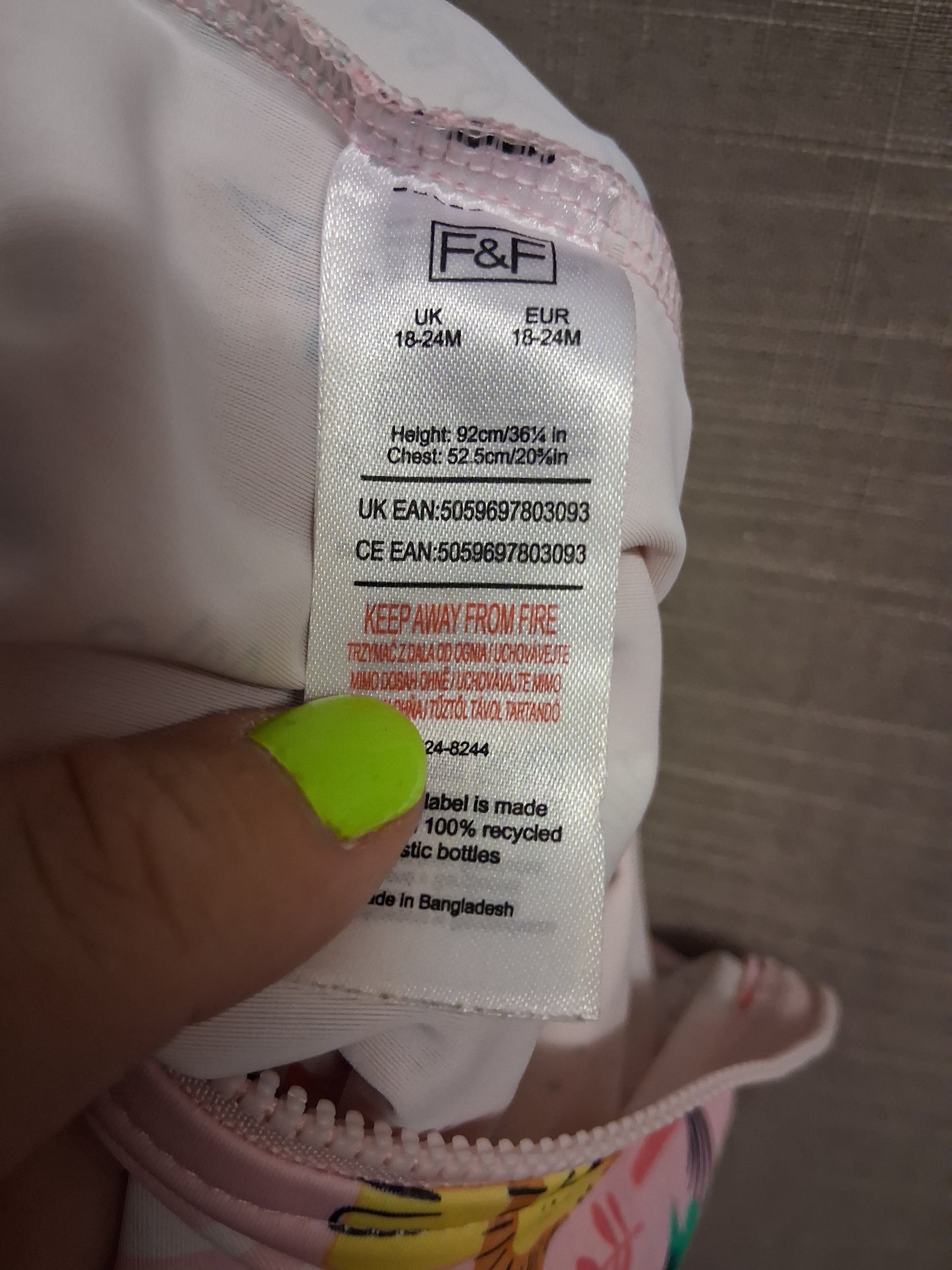 F&F Girls Pink Unicorn UV Swimsuit One Piece Age 18-24 Months