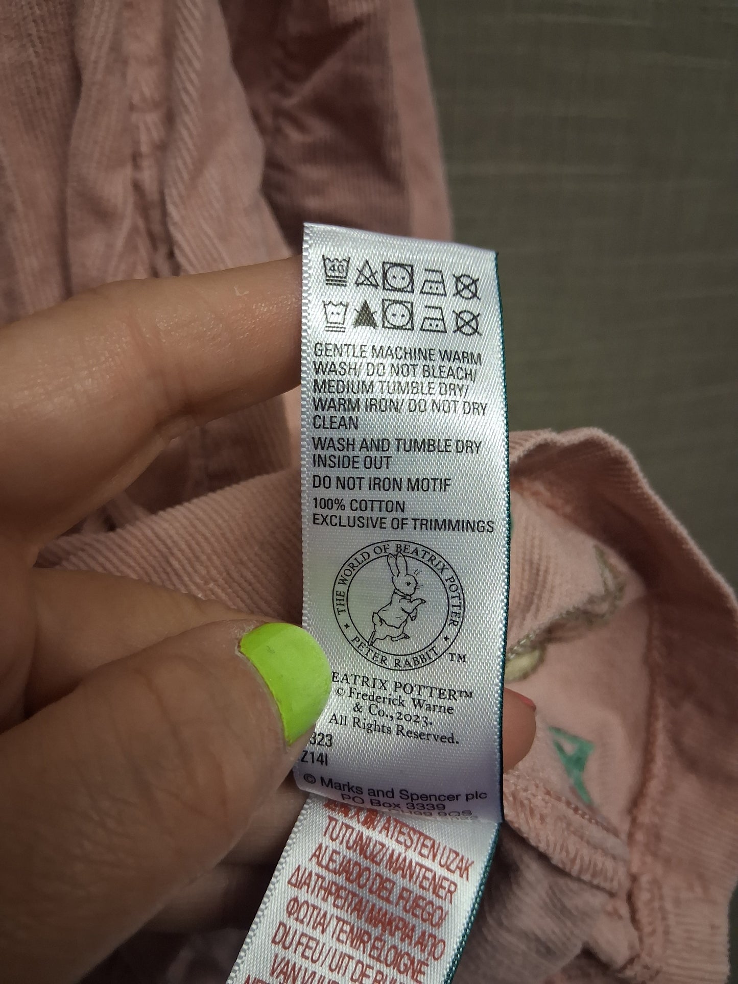 Marks and Spencer Peter Rabbit Corduroy Pink Long Sleeve Dress Age 2-3 Years
