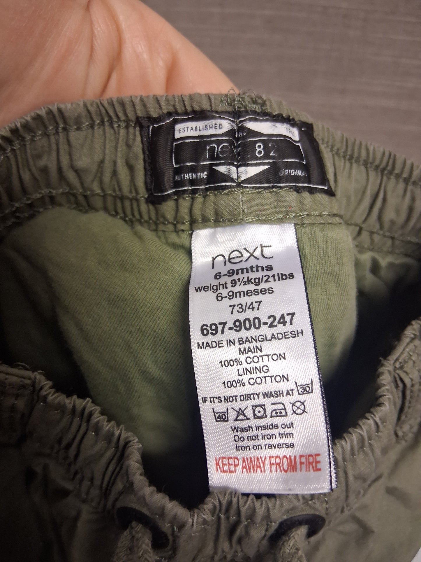 Next Boys Green Cargo Trousers Age 6-9 Months