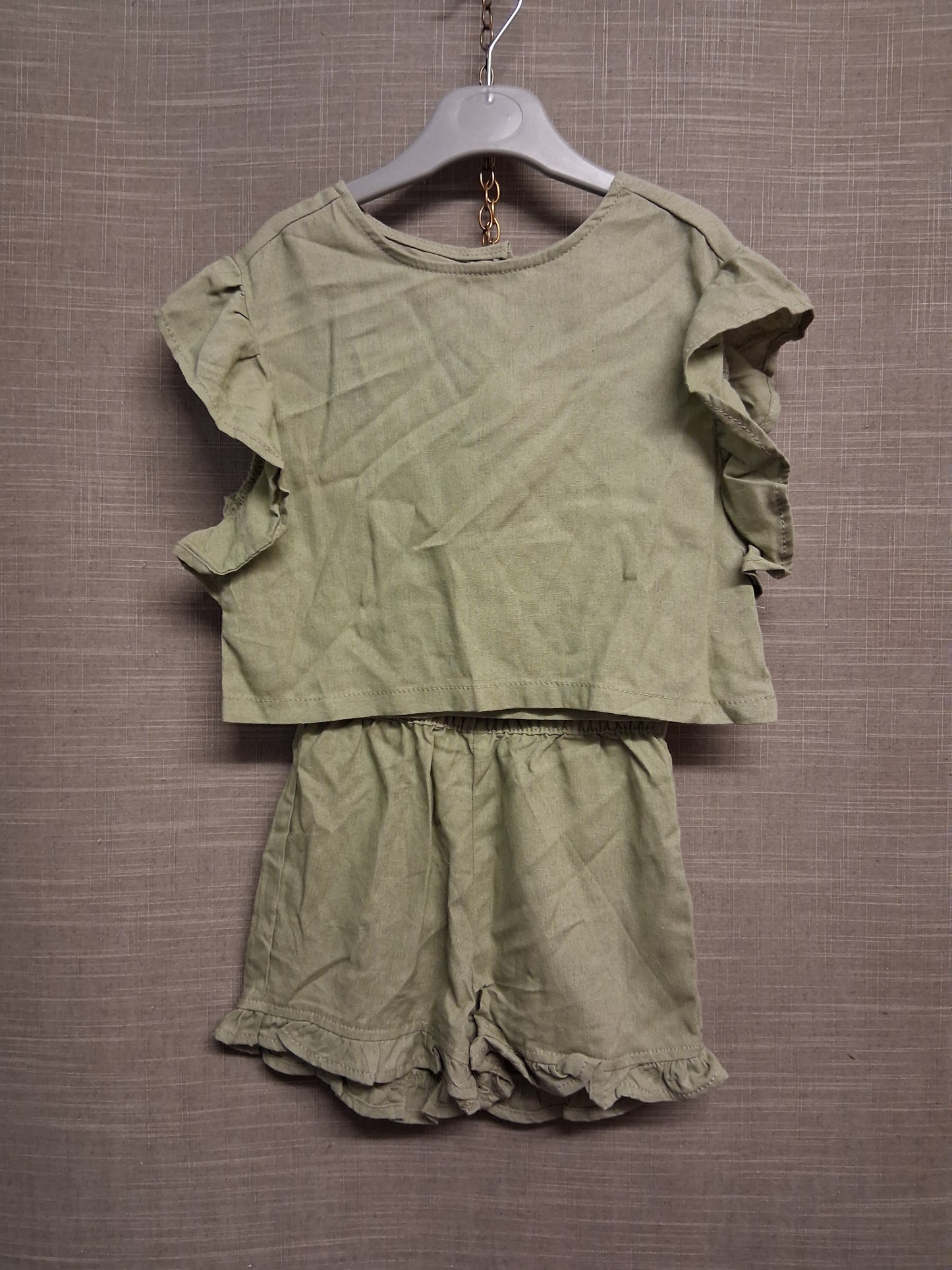 Lily & Dan Girls 2 Piece Outfit Khaki Green Top and Shorts Age 1-2 Years Linen Blend New