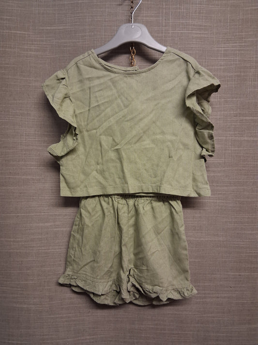 Lily & Dan Girls 2 Piece Outfit Khaki Green Top and Shorts Age 1-2 Years Linen Blend New