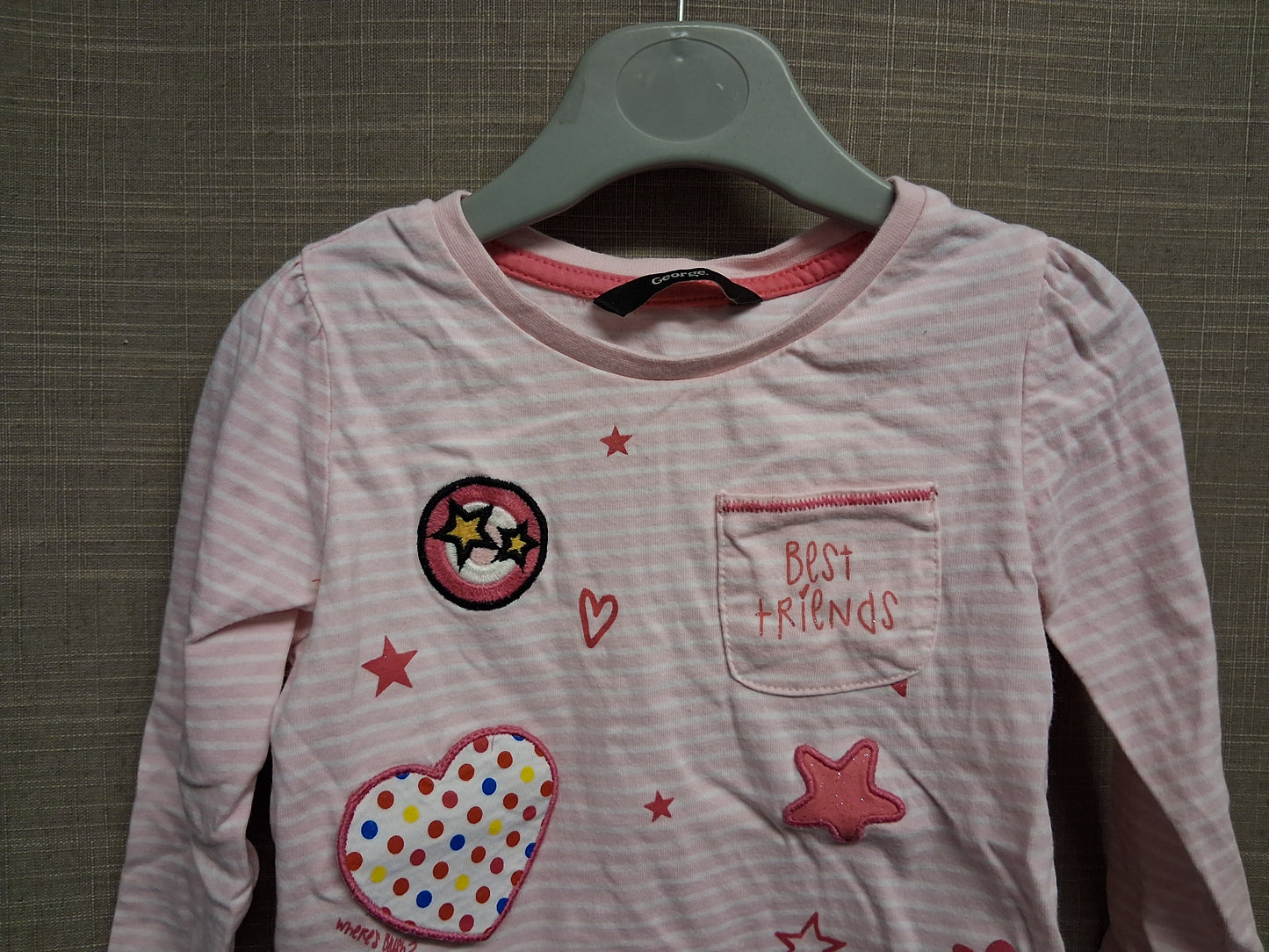 George Girls "Pudsey" Children in Need Pink White Stripe Long Sleeve T-Shirt Age 12-18 Months