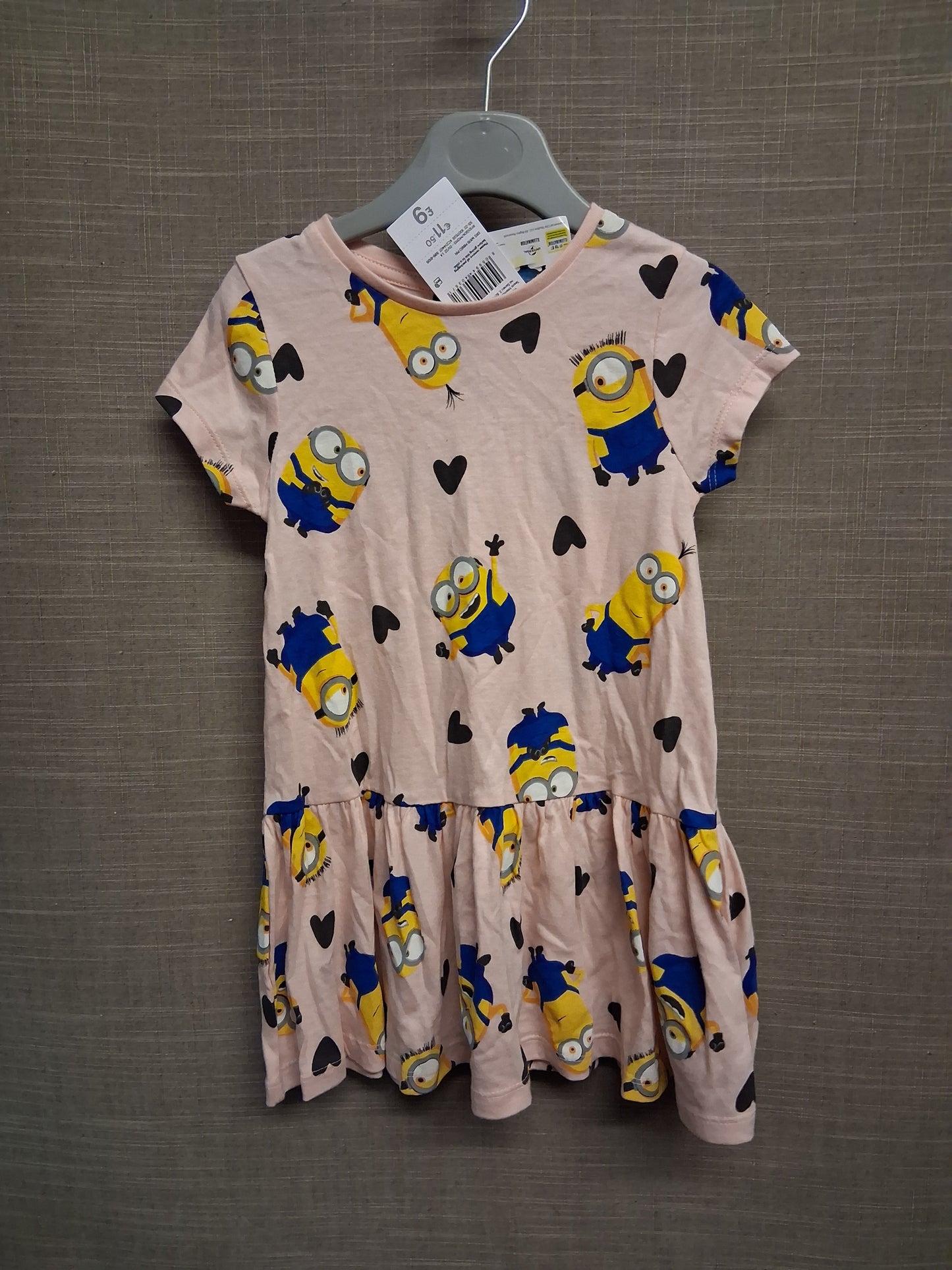 F&F Girls Pink Minion T-Shirt Dress Short Sleeve Matching Hair Scrunchie Age 2-3 Years New