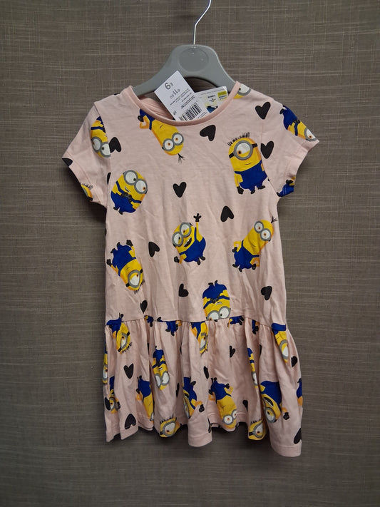 F&F Girls Pink Minion T-Shirt Dress Short Sleeve Matching Hair Scrunchie Age 2-3 Years New