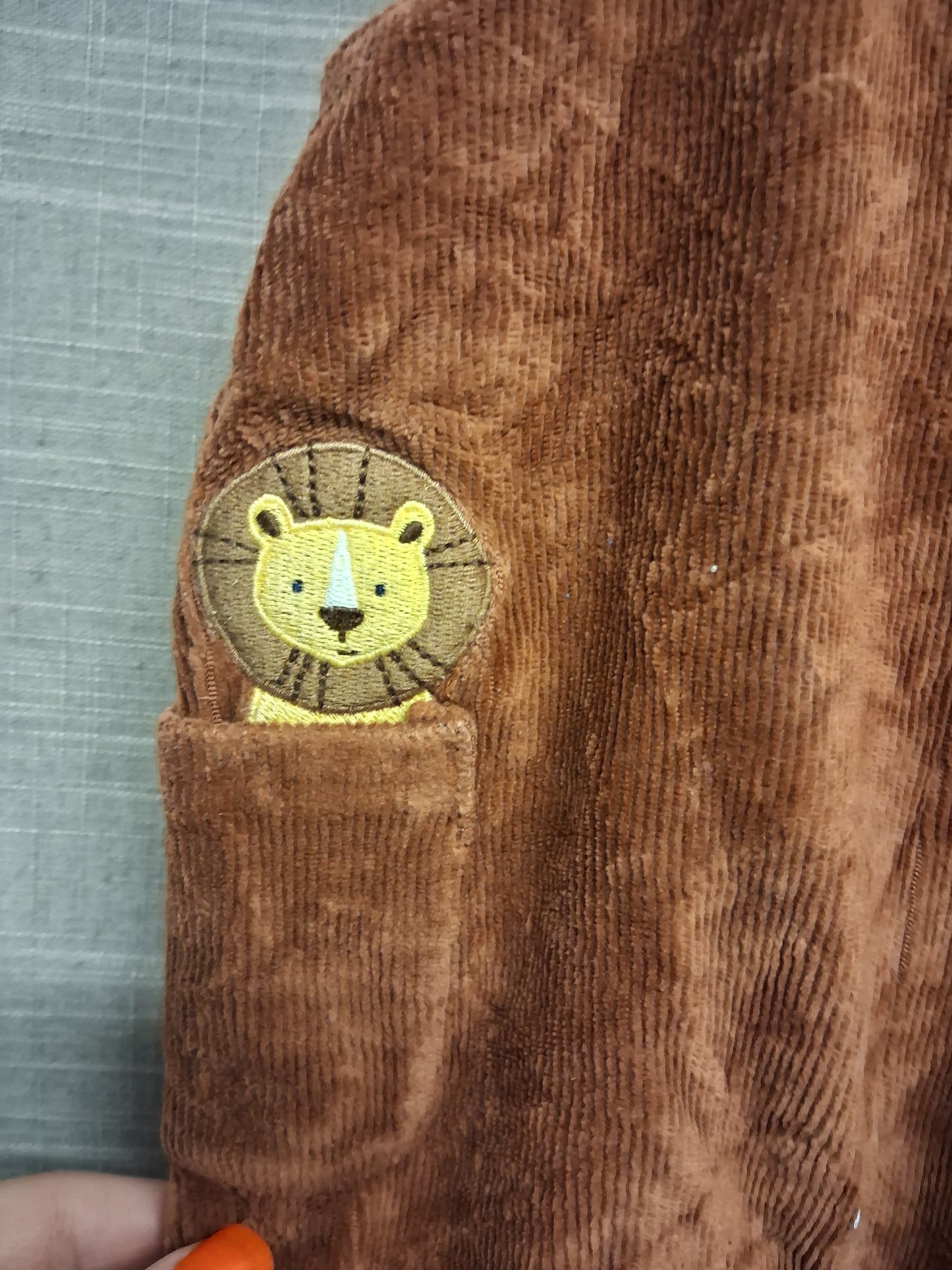 JoJo Maman Bebe Brown Velour Corduroy Dungarees Embroidered Animal Pockets Age 3-6 Months