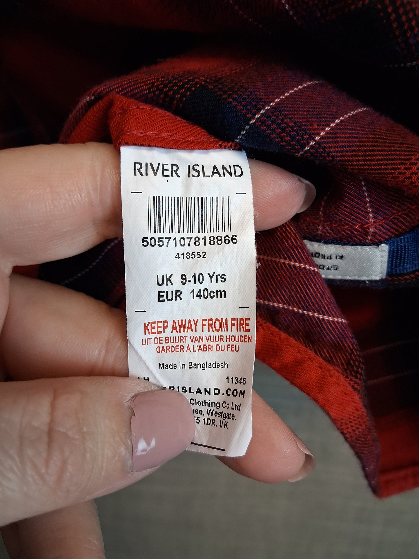 River Island Red Check Shirt Long Sleeve Age 9-10 Years