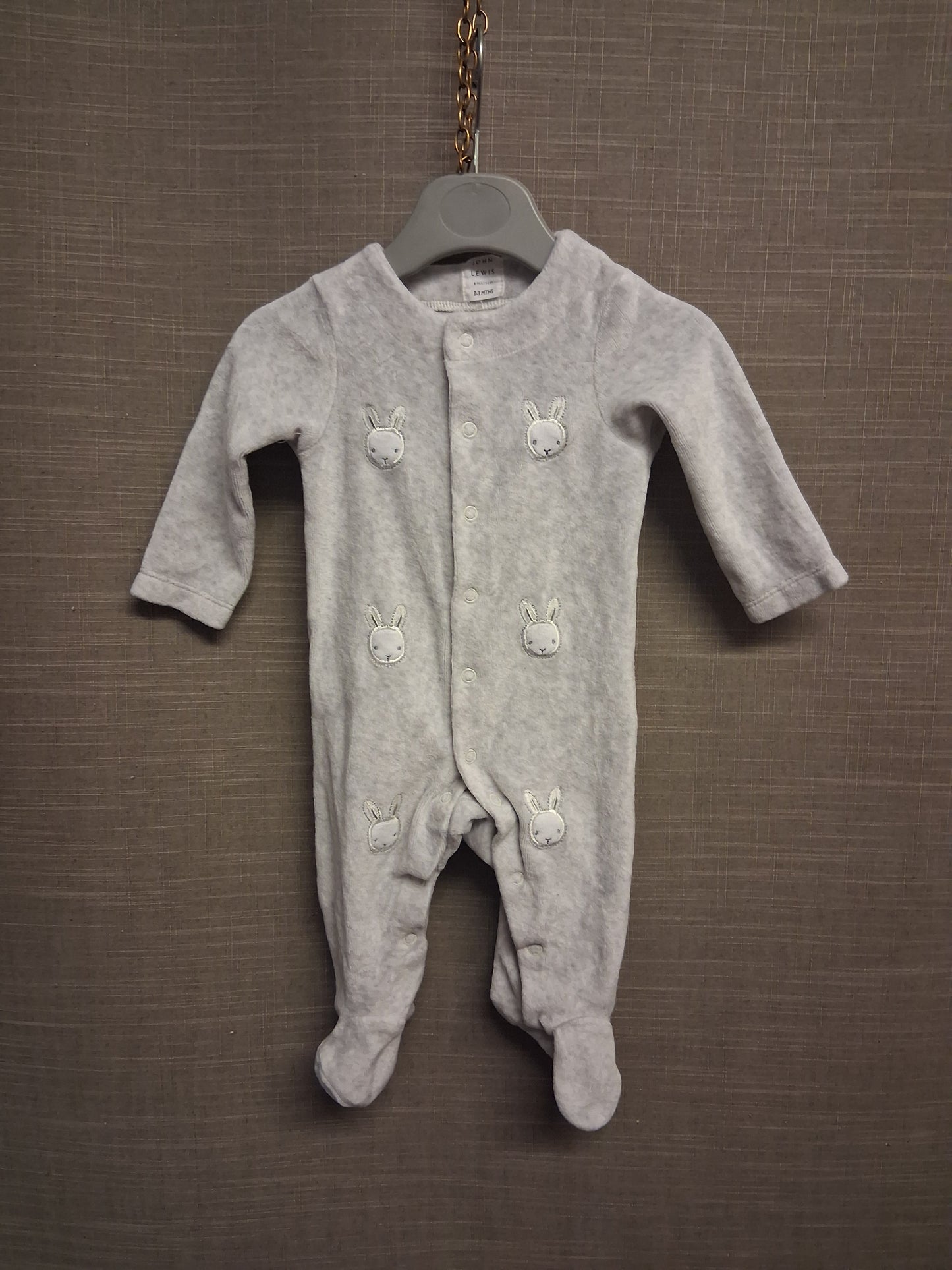 John Lewis Unisex Grey Velour Bunny Sleepsuit Romper Age 0-3 Months