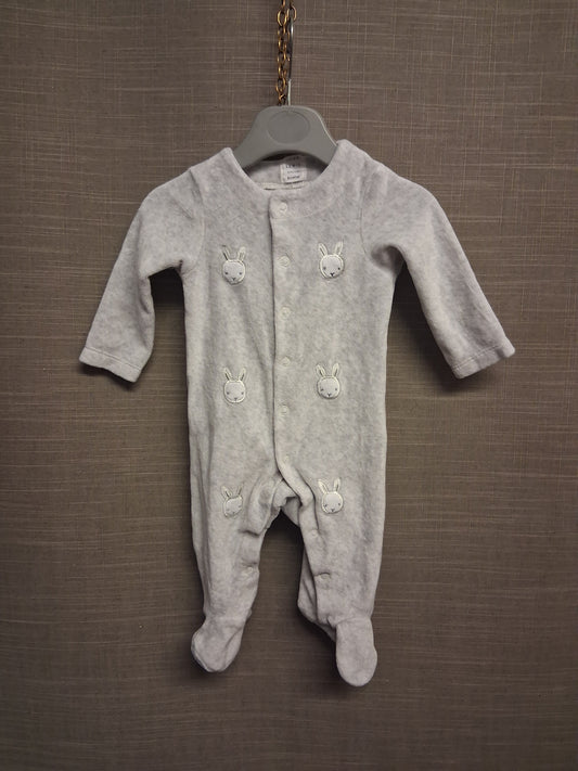 John Lewis Unisex Grey Velour Bunny Sleepsuit Romper Age 0-3 Months