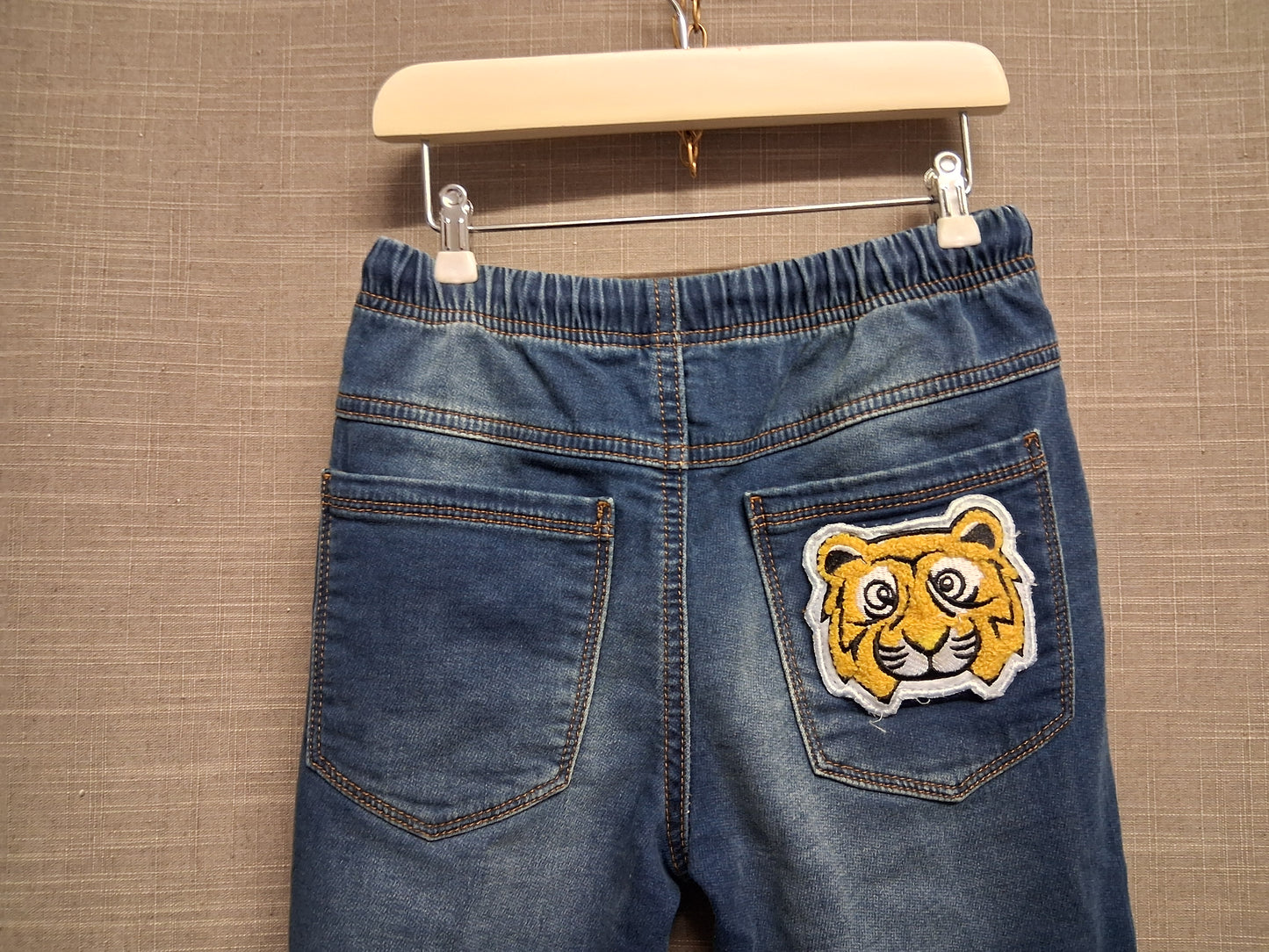 Next Boys Denim Jeans Blue Elastic Waist Tiger on Pocket Age 5-6 Years