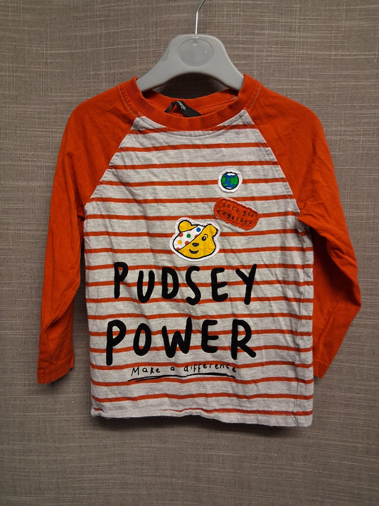 George Boys "Pudsey" Children in Need Red Grey Stripe Long Sleeve T-Shirt Age 2-3 Years
