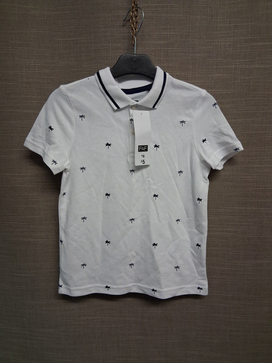 F&F Boys White Palm Tree Print Polo T-Shirt Age 5-6 Years New