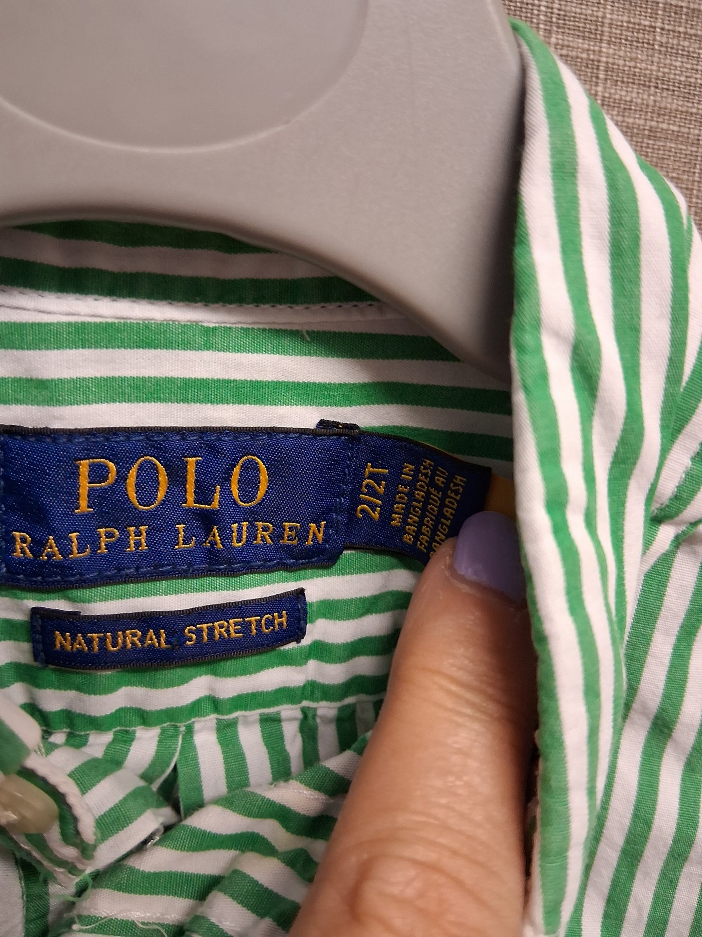 Polo Ralph Lauren Boys Green White Stripe Natural Stretch Long Sleeve Shirt Age 2 Years
