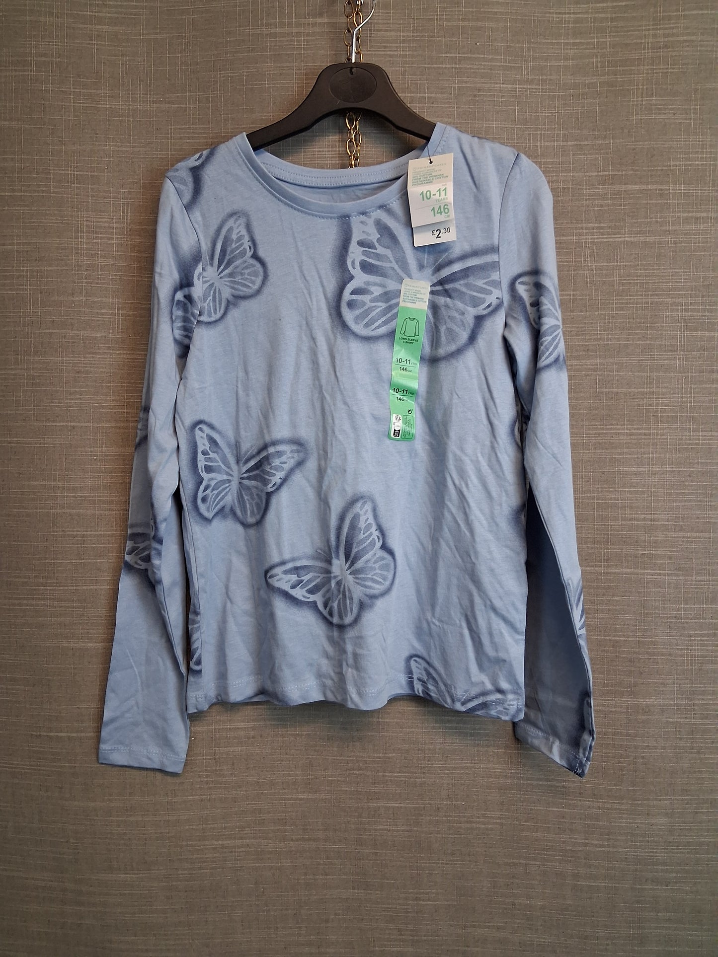 Primark Girls Blue Butterfly Long Sleeve T-Shirt Age 10-11 Years New