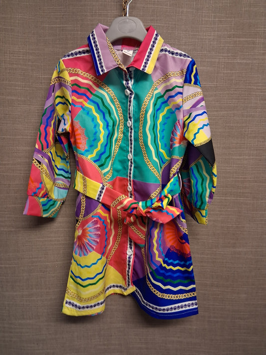 Shein Girls Chain Print Shirt Dress Multicolour 4 Years with Belt