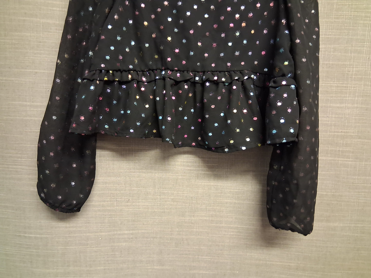 Primark Girls Black Metallic Multicolour Spotty Sheer Long Sleeve Peplum Blouse Top Age 8-9 Years