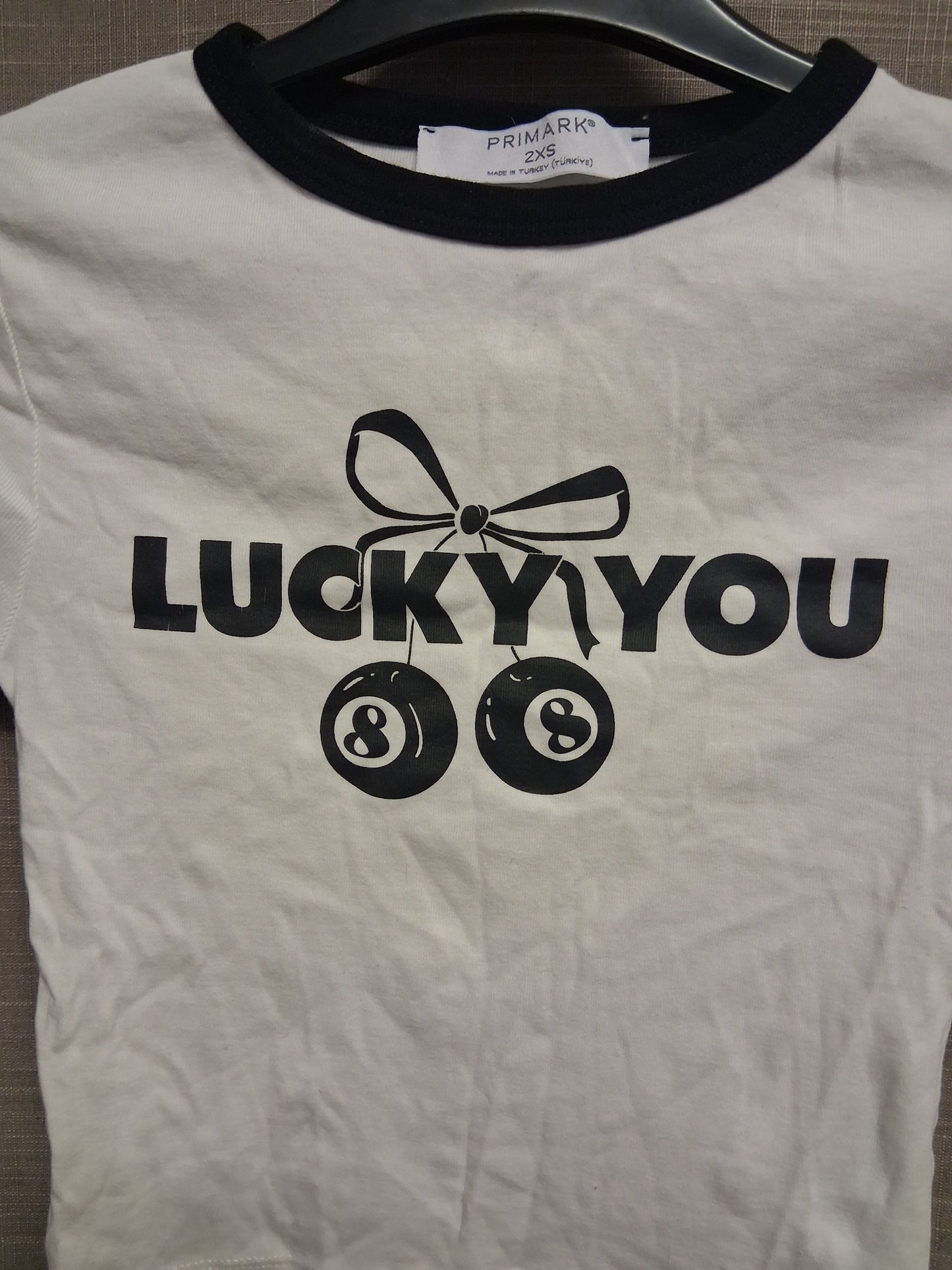 Primark Girls Ladies White Short Sleeve Crop T-Shirt "Lucky You" Size 2XS