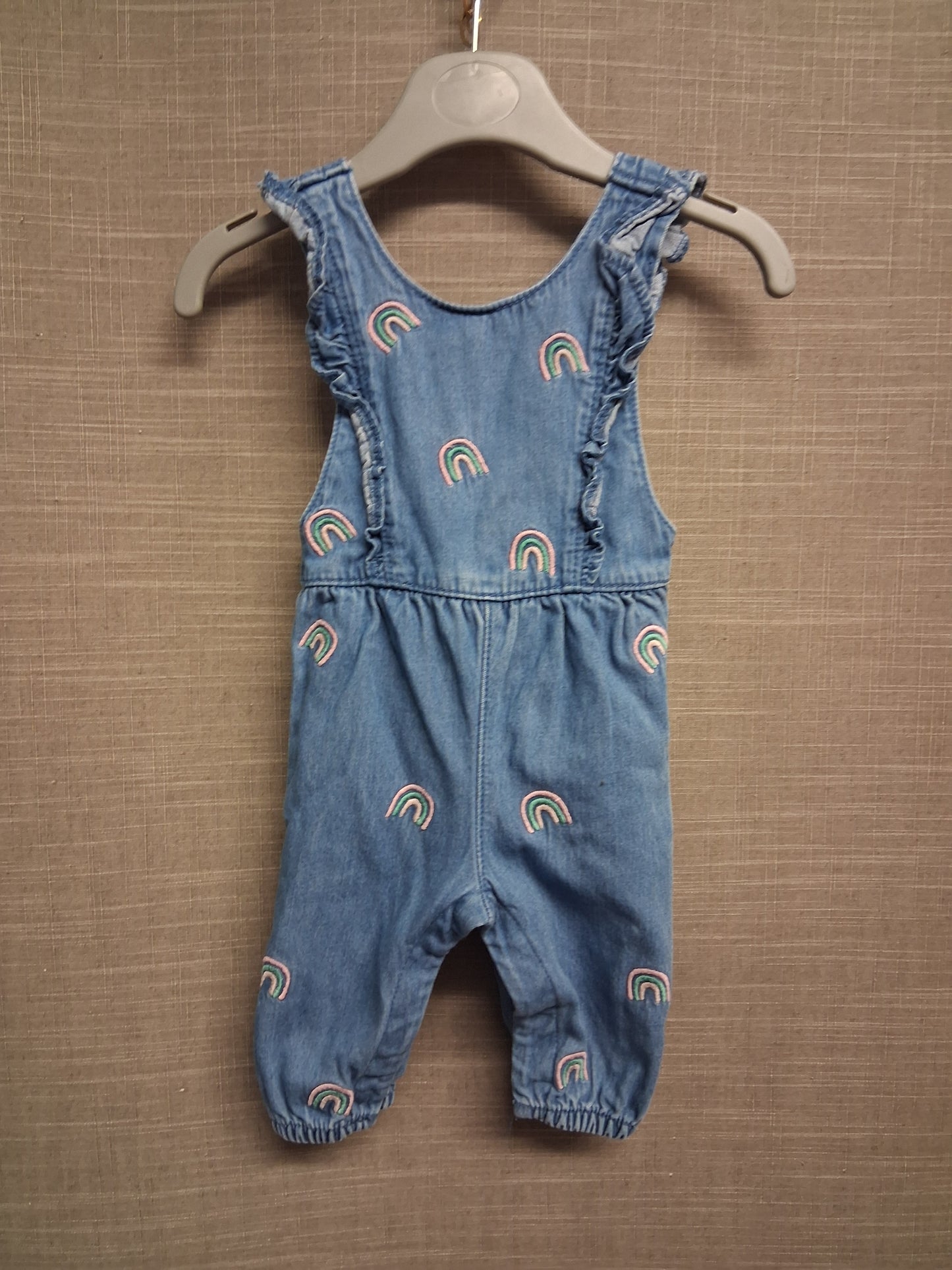 F&F Girls Blue Denim Rainbow Dungarees Age 0-3 Months