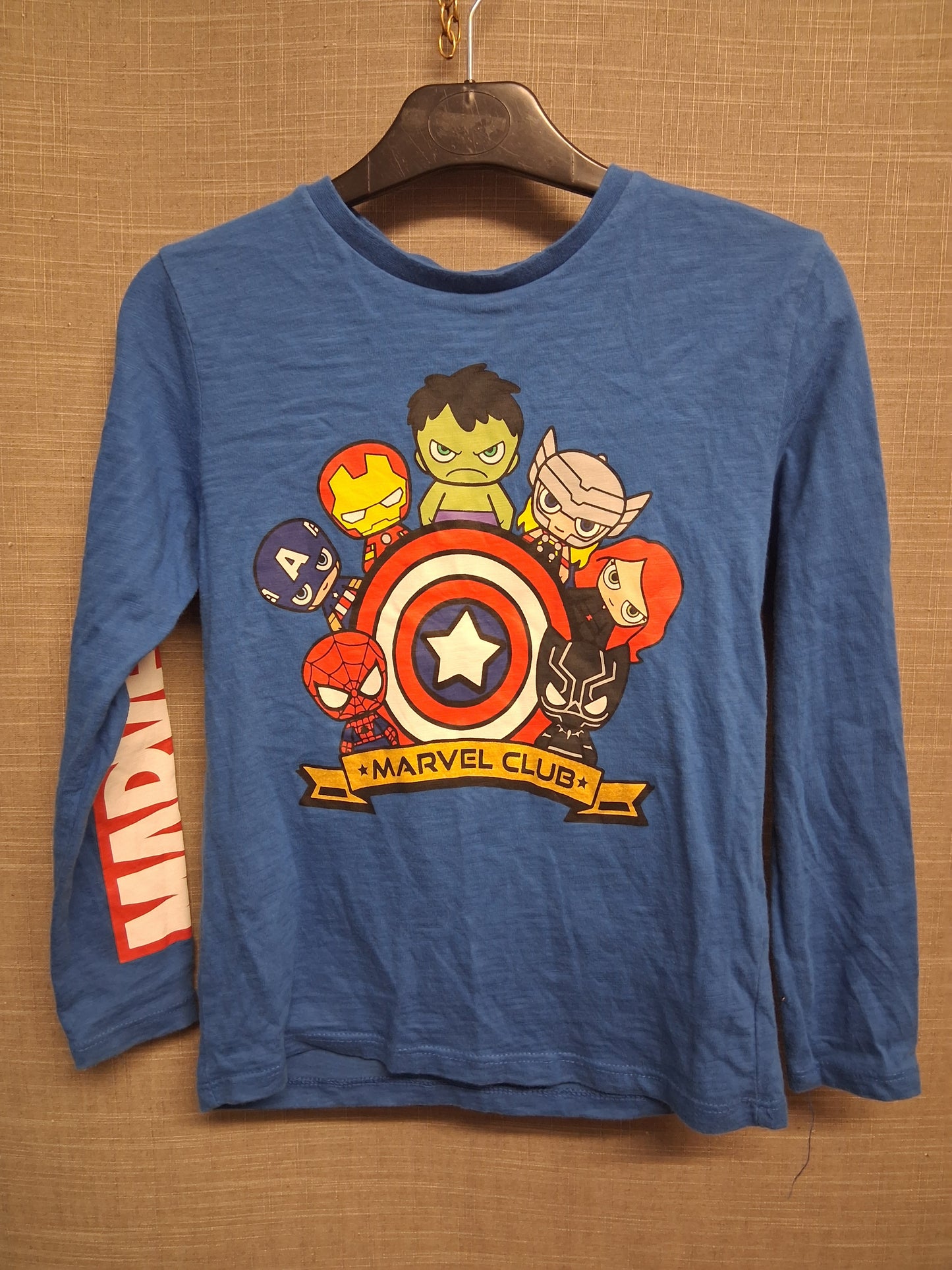 Primark T-Shirt Long Sleeve Blue Marvel Graphic on Back Age 6-7 Years