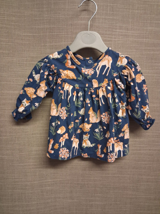 Next Girls Blue Long Sleeve T-Shirt Woodland Animal Theme Age 3-6 Months