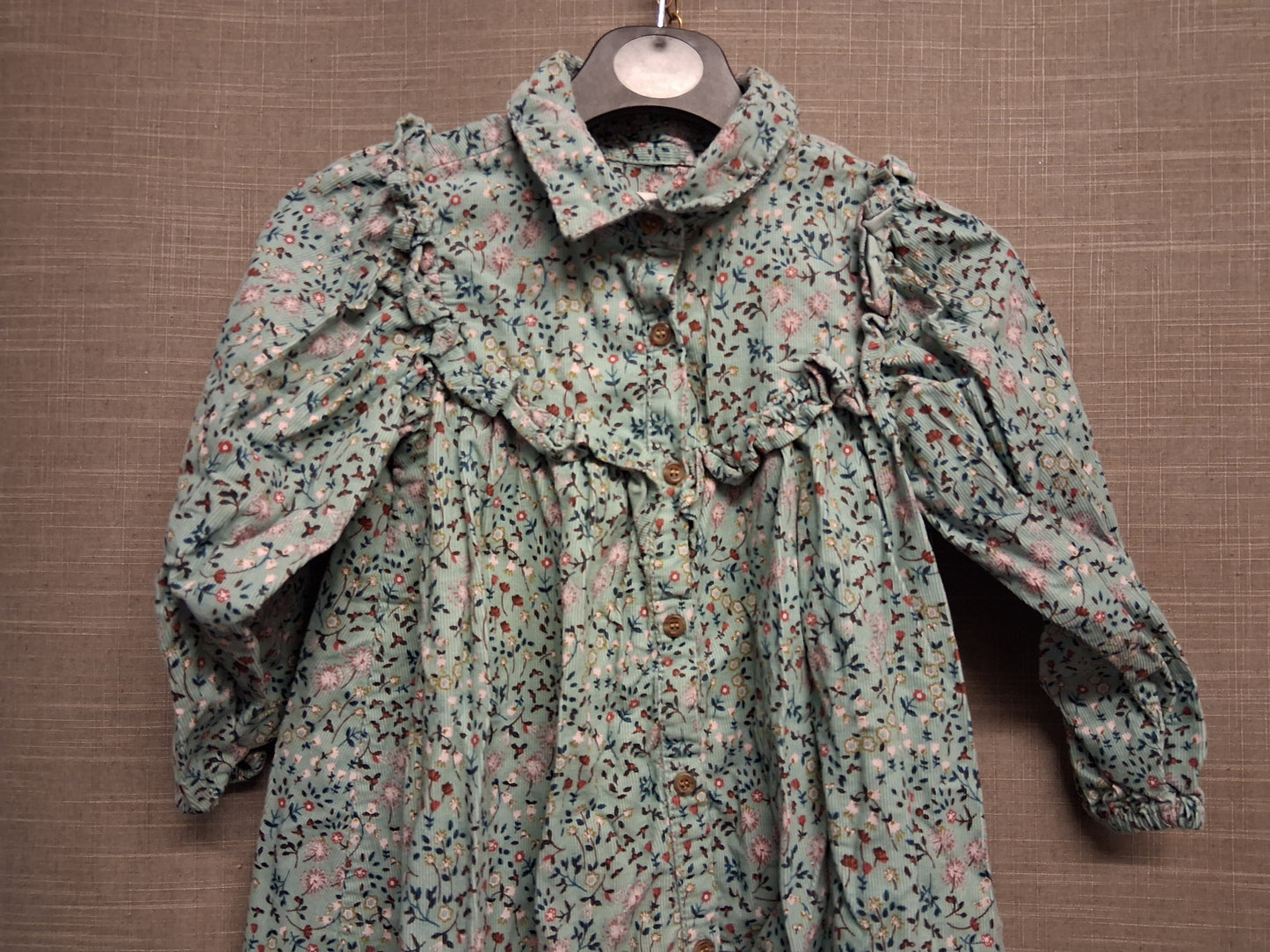 Next Girls Green Floral Corduroy Long Sleeve Shirt Dress Age 3-4 Years