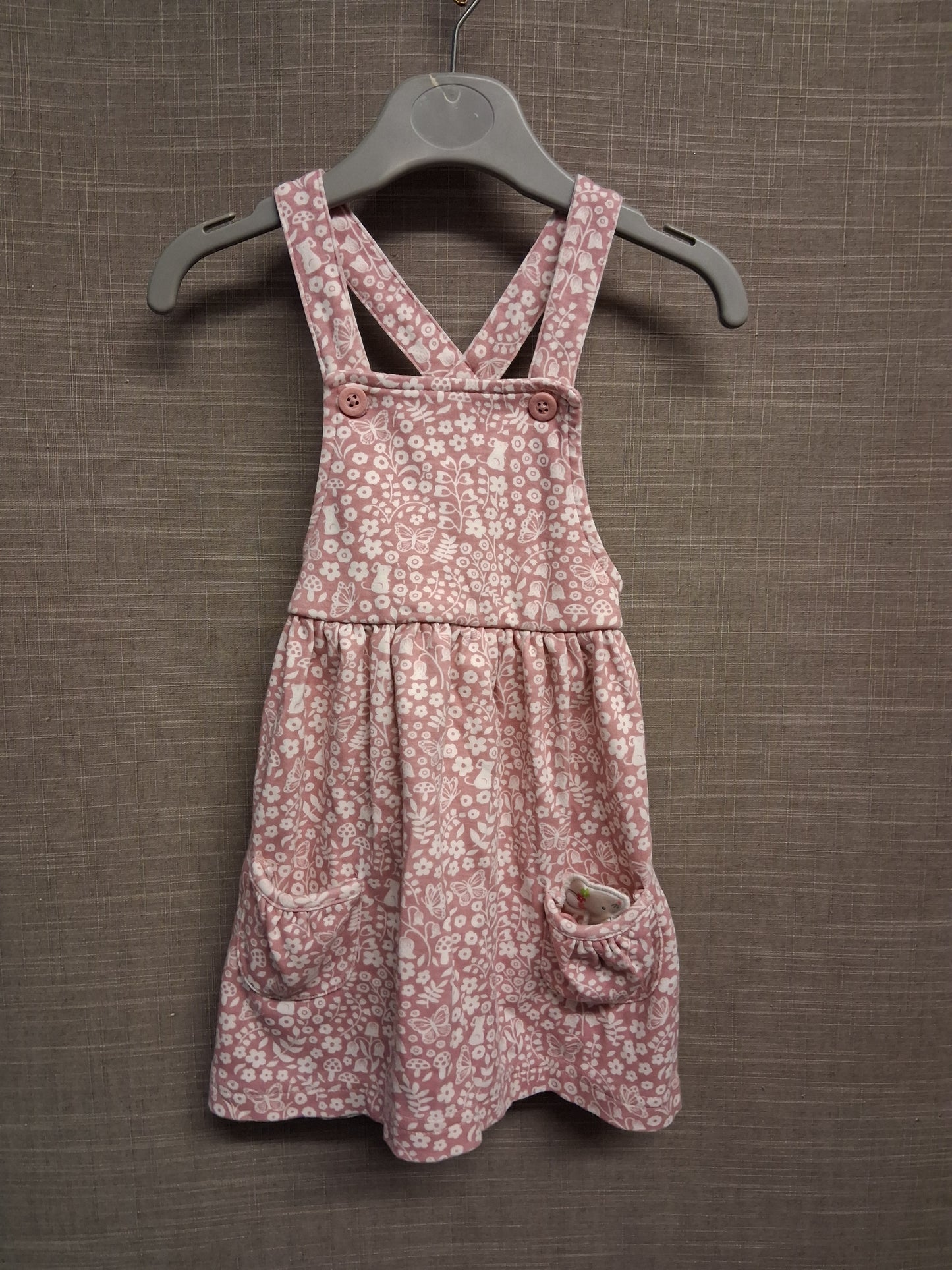 JoJo Maman Bebe Pink Floral Jersey Pinafore Dress Age 18-24 Months
