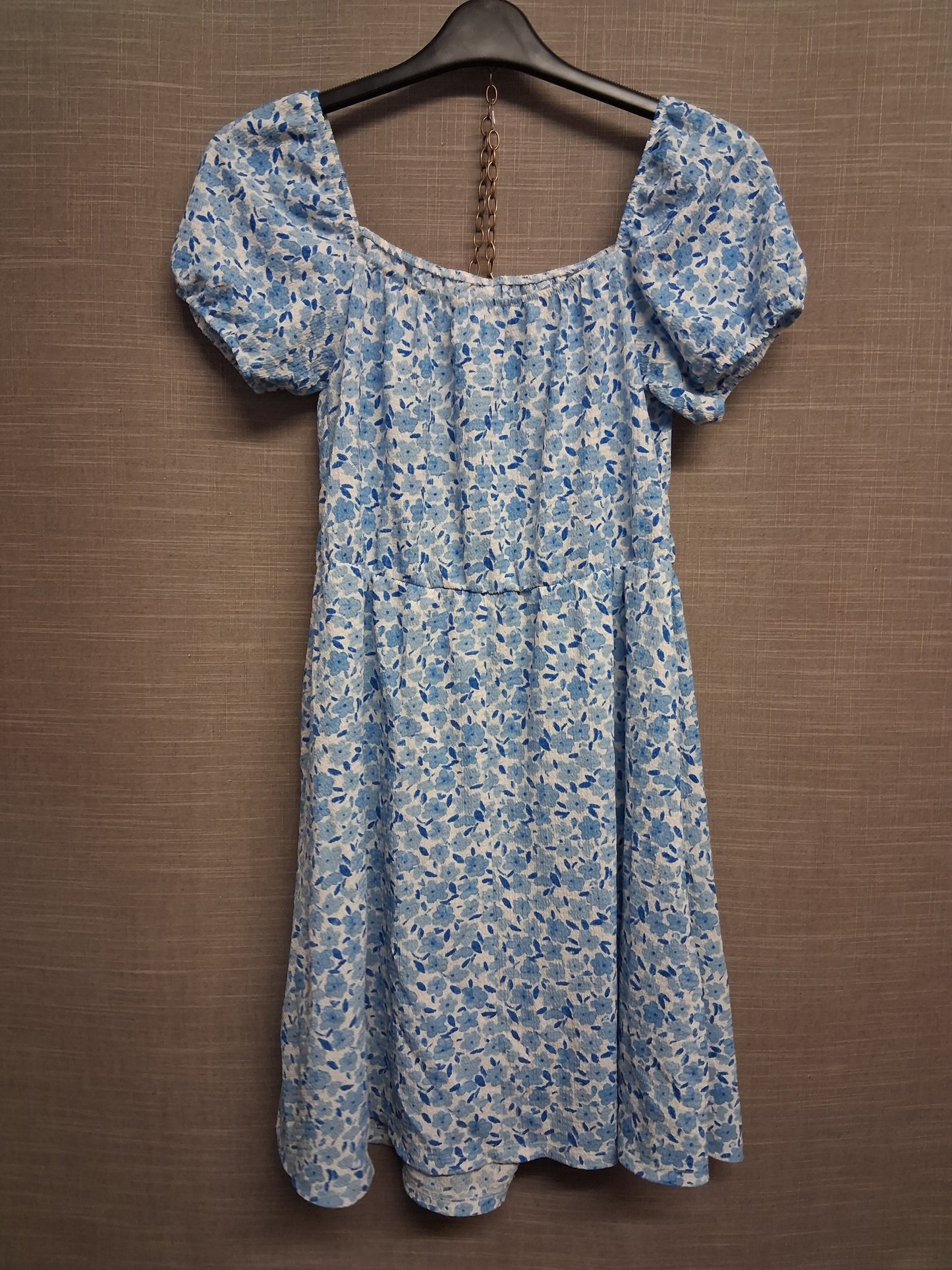 Primark Girls Blue White Floral A Line Dress Off the Shoulder Puff Sleeve Age 13-14 Years