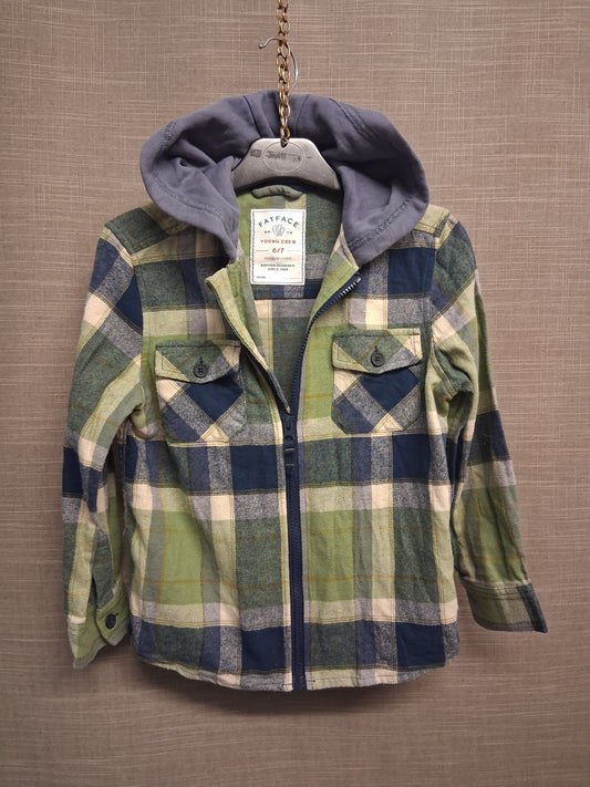 FatFace Shacket Green Blue Check Hooded Full Zip Cotton Age 6-7 Years