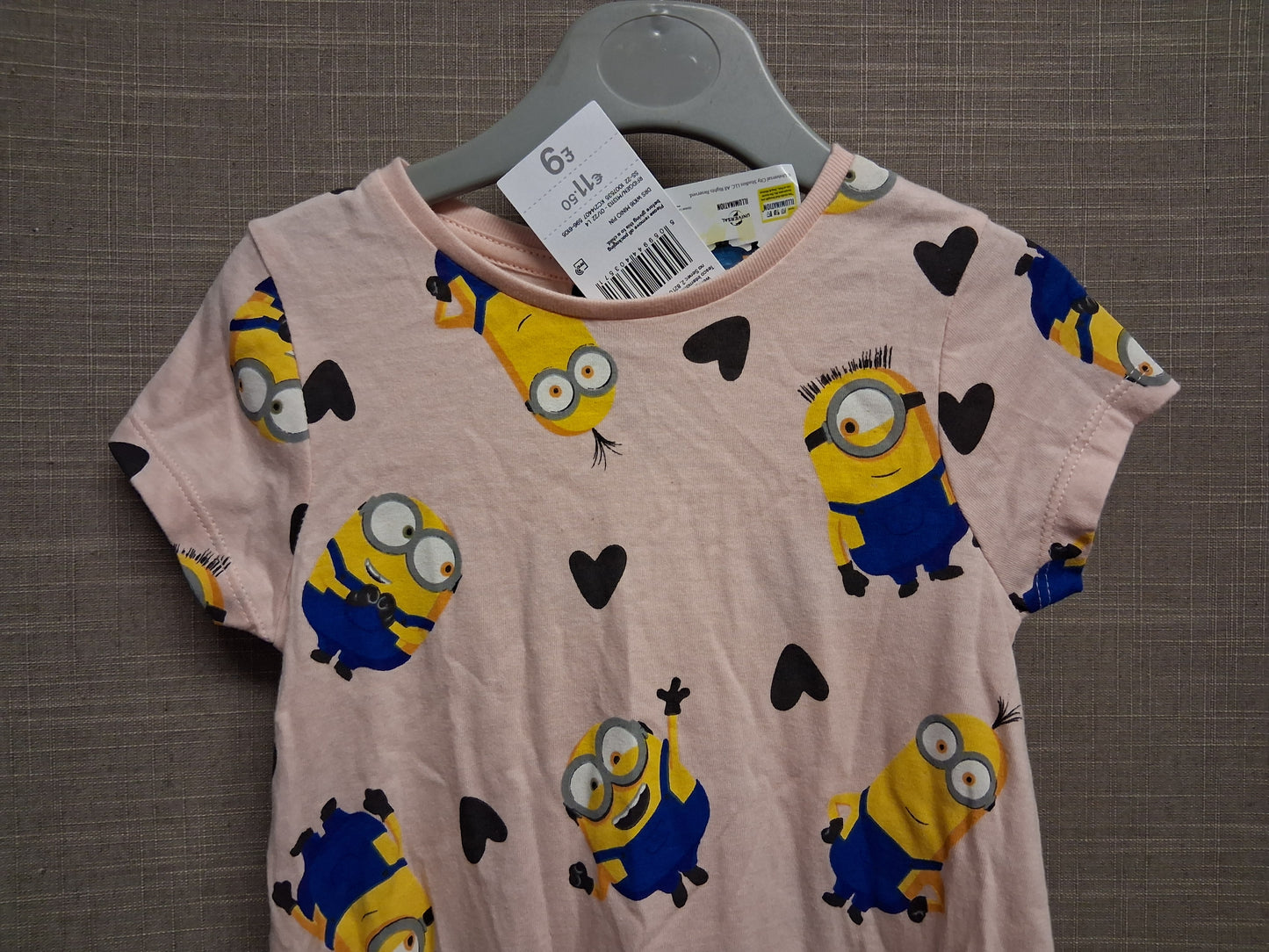 F&F Girls Pink Minion T-Shirt Dress Short Sleeve Matching Hair Scrunchie Age 2-3 Years New