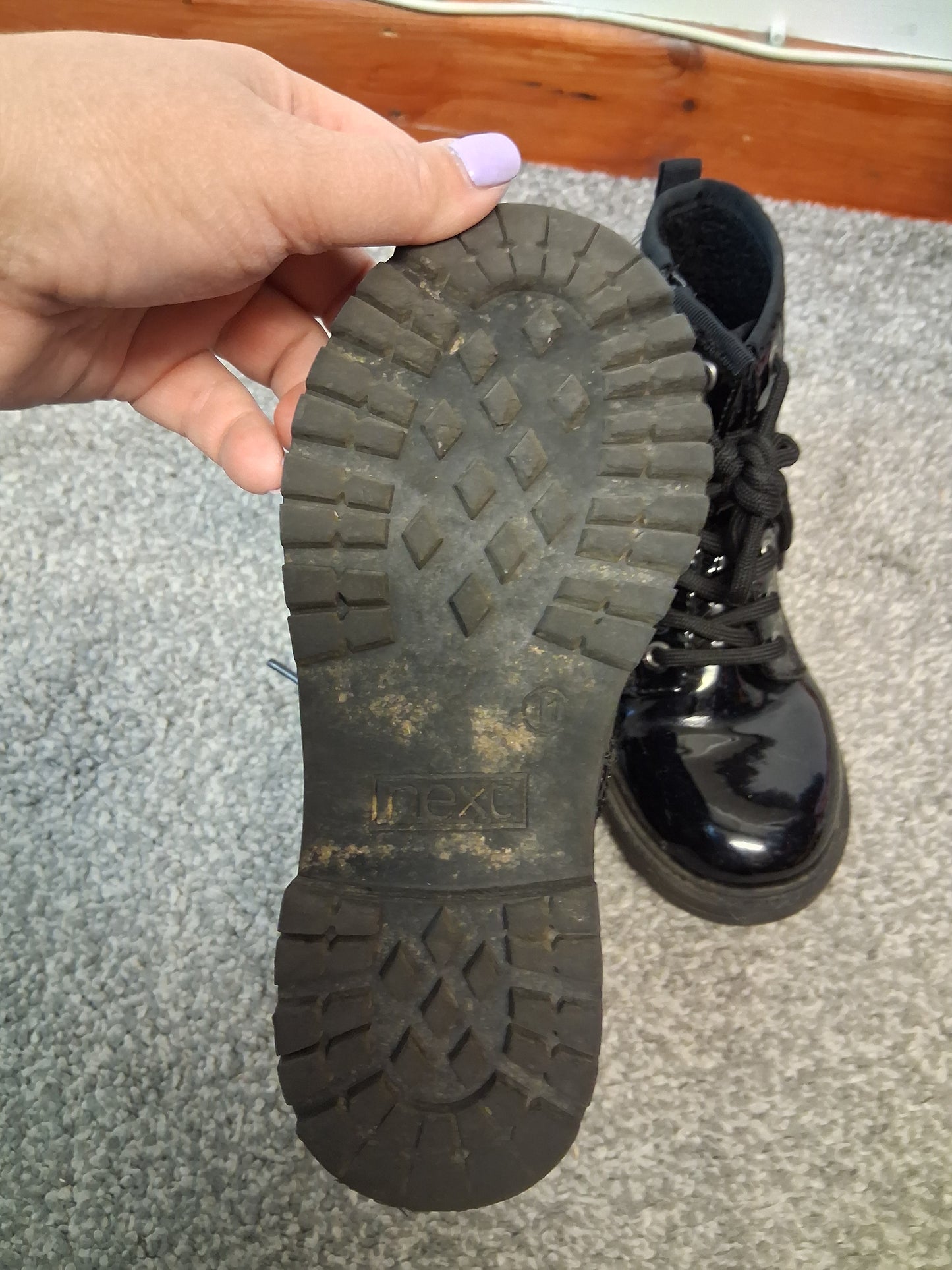 Next Girls Black Patent Faux Lace Up Ankle Boots Size 11