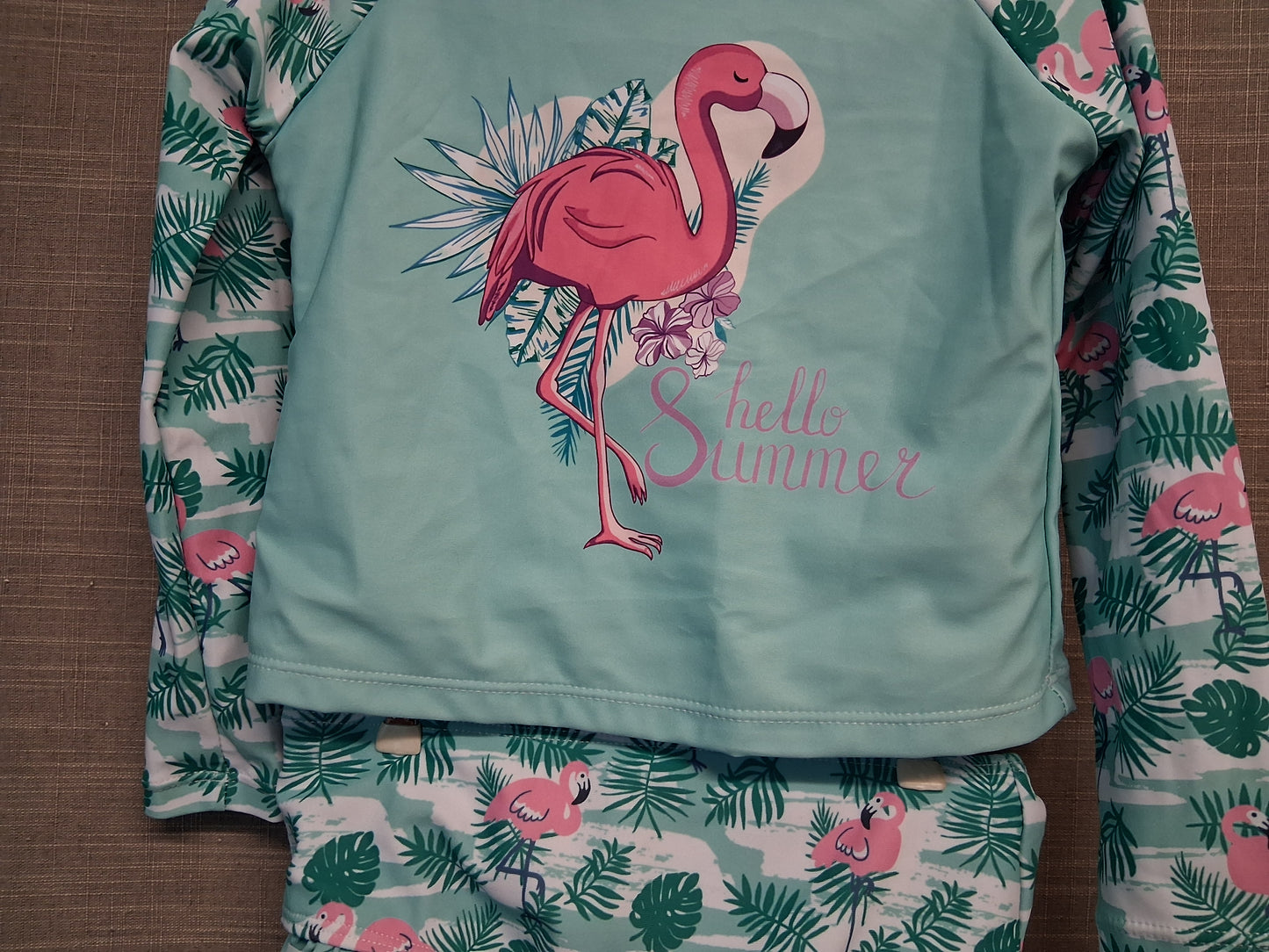 Shein Girls 2 Piece UV Swimsuit Turquoise Flamingo Age 6 Years