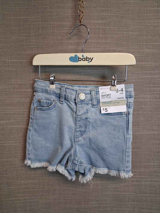 Primark Girls Blue Denim Shorts Age 3-4 Years Raw Hem New