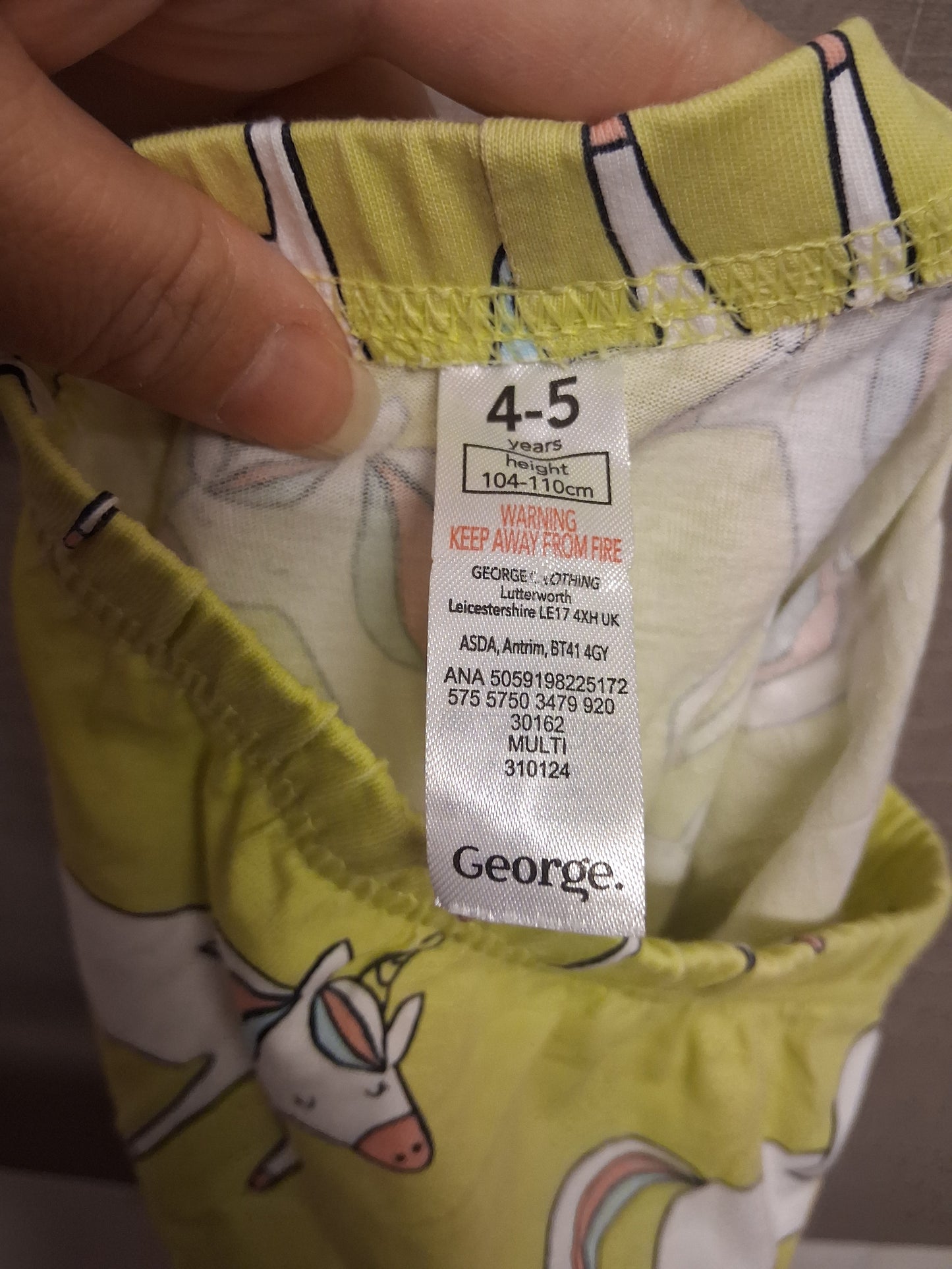 George Girls Lime Green Unicorn 2 Piece PJs Pyjamas Set Age 4-5 Years
