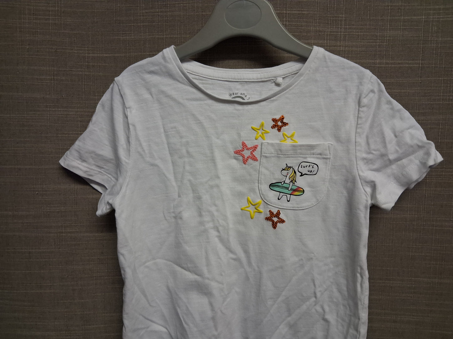 F&F Girls White Short Sleeve T-Shirt Unicorn Theme Age 5-6 Years