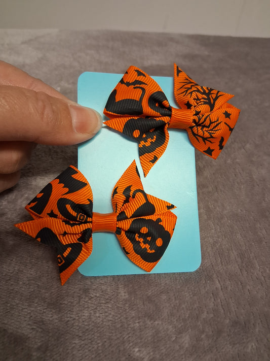 Halloween Theme Orange Pumpkin Hair Bow Clips X2