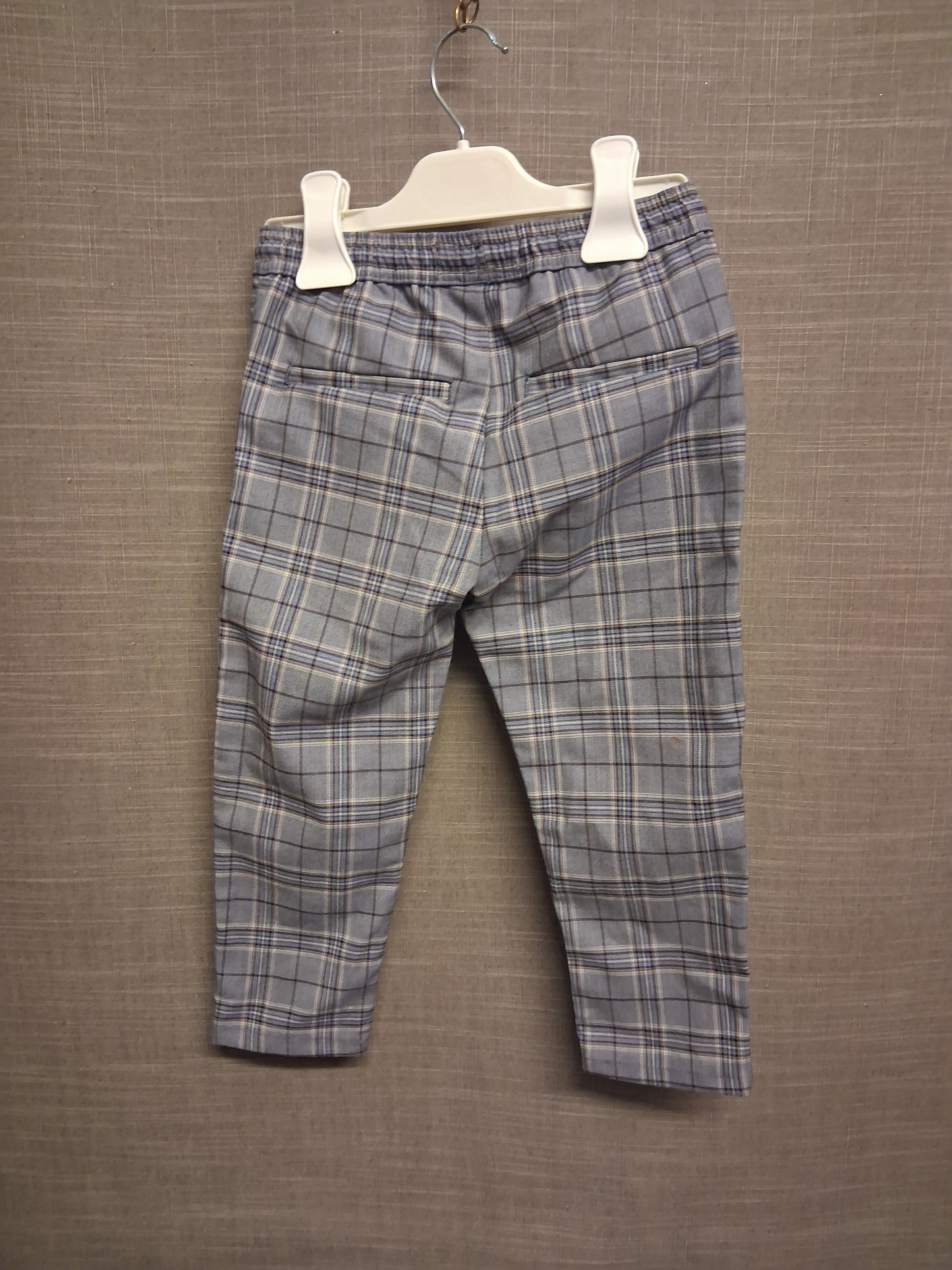 Next Boys Grey Blue Check Jogger Trousers Age 2-3 Years Elastic Waist