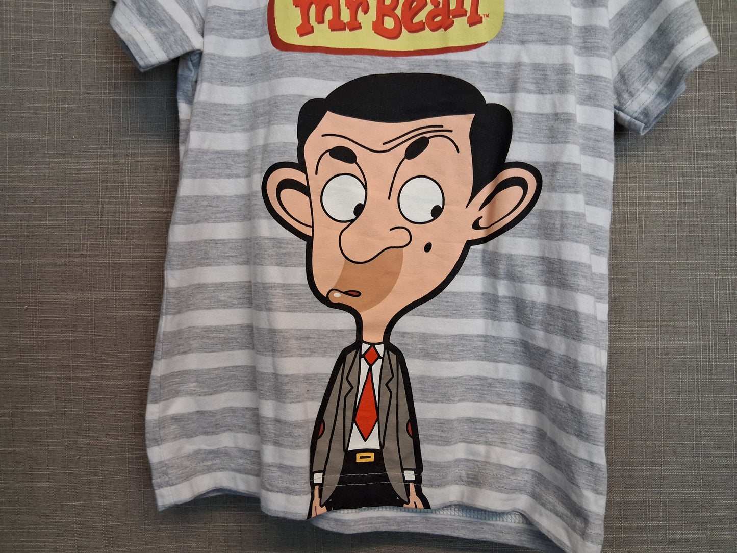 Mr Bean Boys T-Shirt Grey Striped Graphic Print Age 5 Years