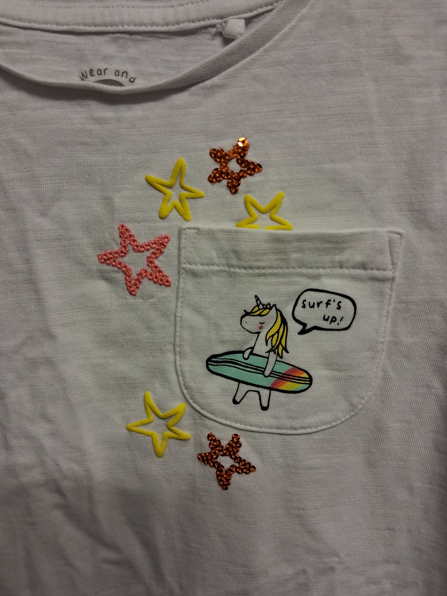 F&F Girls White Short Sleeve T-Shirt Unicorn Theme Age 5-6 Years