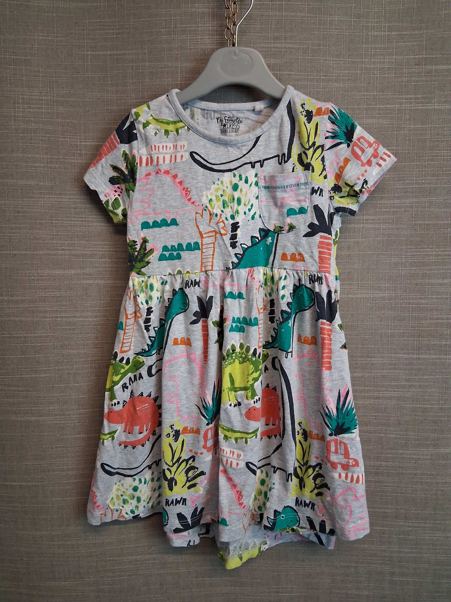 Next Girls Grey Dinosaur Dress Jersey Age 4-5 Years