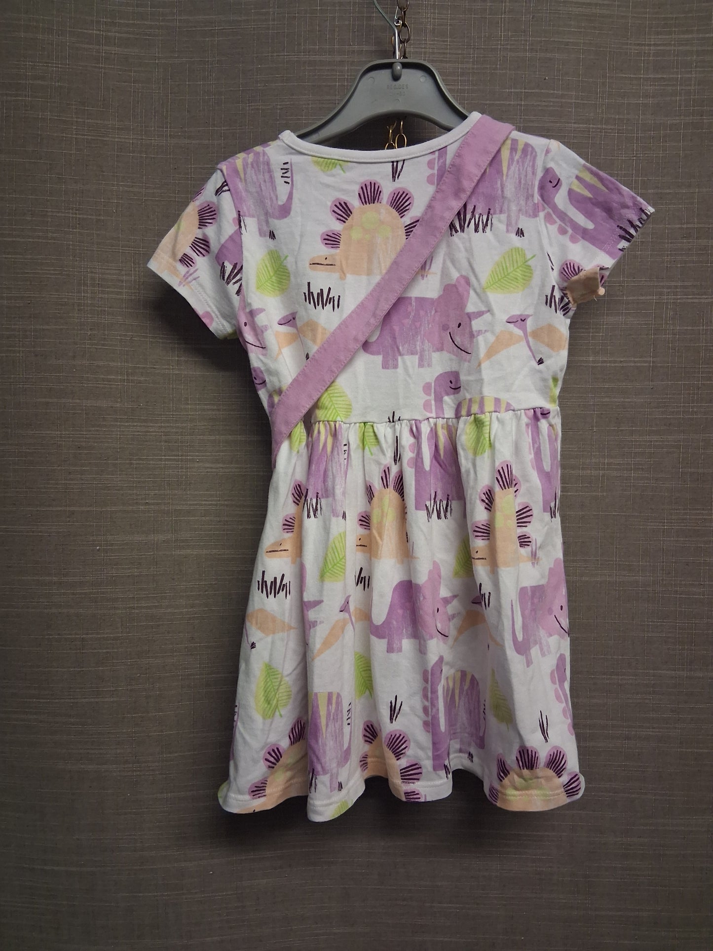 George Girls Lilac White Dinosaur T-Shirt Dress Short Sleeve with Matching Dinosaur Bag Age 2-3 Years