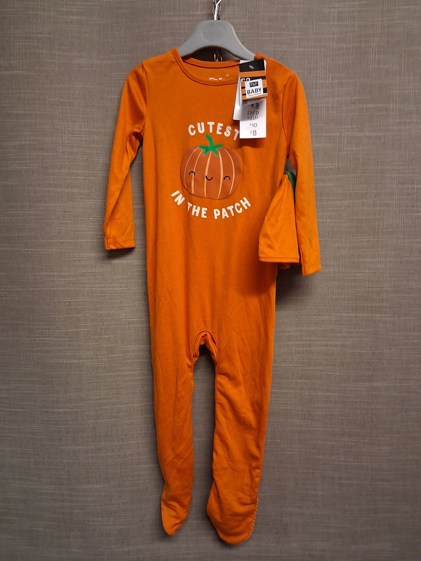 F&F Boys Pumpkin Sleepsuit Outfit With Hat Orange Age 18-24 Months New