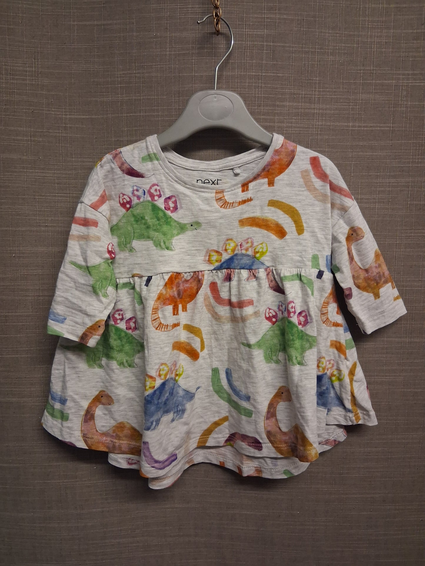 Next Girls Grey Multicolour Dinosaur Theme Jumper Dress Age 6-9 Months