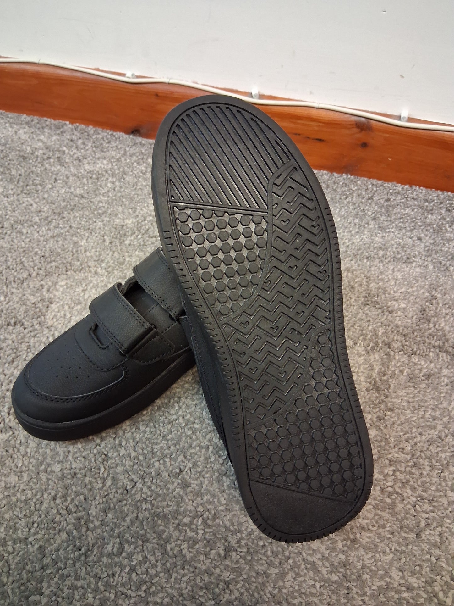 F&F Boys Black School Shoes Double Strap Size 4 Faux Leather New